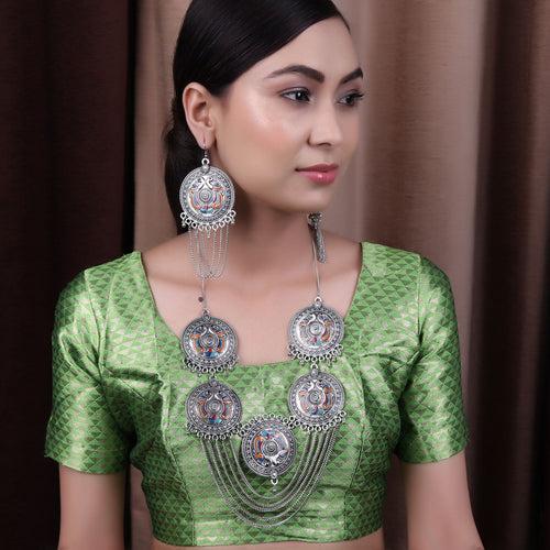 The designer Colorful Peacock Necklace Set in Silver