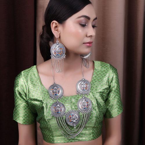 The designer Colorful Peacock Necklace Set in Silver