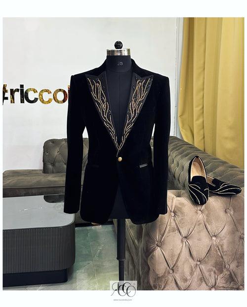 BLACK TUXEDO WITH GOLD BEADED LAPEL