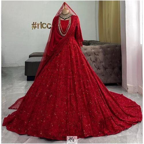 RED TRAIL LEHENGA WITH BEADED VEIL