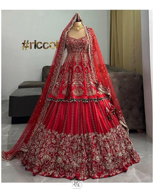 RED LONG CHOLI PEPLUM BRIDAL LEHENGA