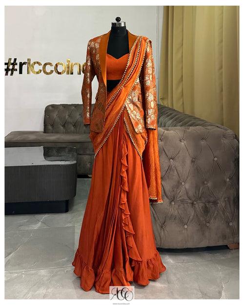 ORANGE STITCHED SAREE WITH TUXEDO JACKET