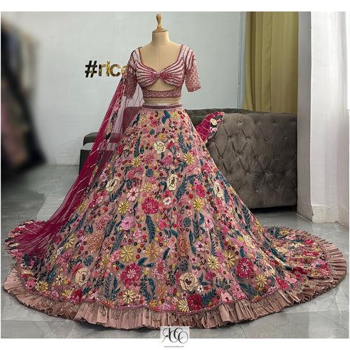 MULTI-COLOURED ROSE LEHENGA WITH HUGE TRAIN