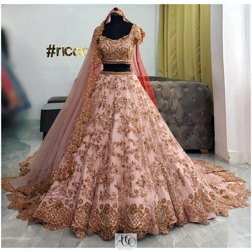 TRAIN BRIDAL LEHENGA IN ROSEGOLD