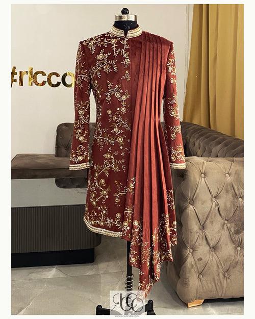 WINE DRAPED SHERWANI WITH ZARDOZI WORK