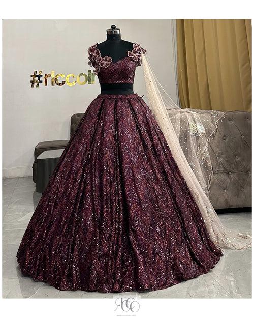 WINE SPARKLE LEHENGA WITH FLOWERS