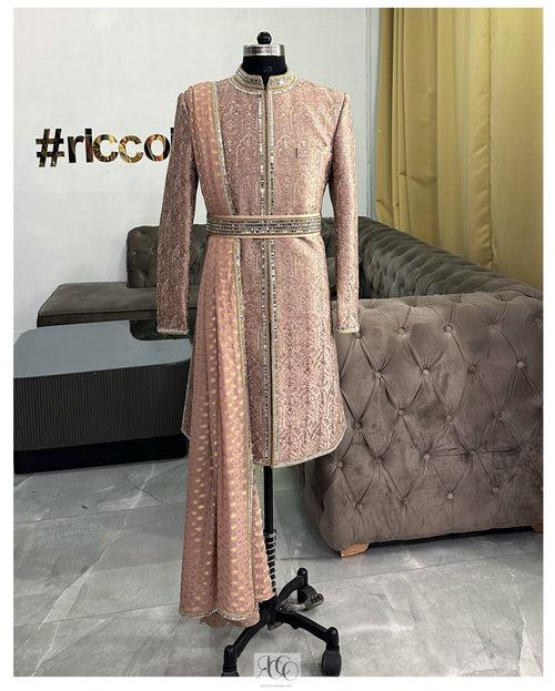 PEACH SHERWANI WITH BELT AND STOLE