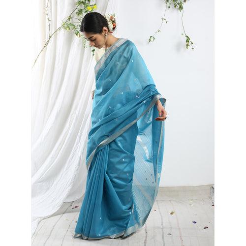 Zeba Ecoloom Cotton Silk Silver Border Saree