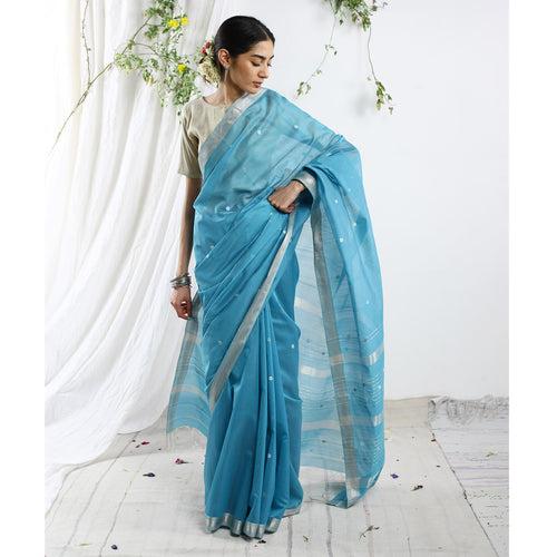 Zeba Ecoloom Cotton Silk Silver Border Saree