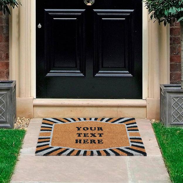 Customizable Coir Doormat with Personalized Text and Decorative Sunburst Border