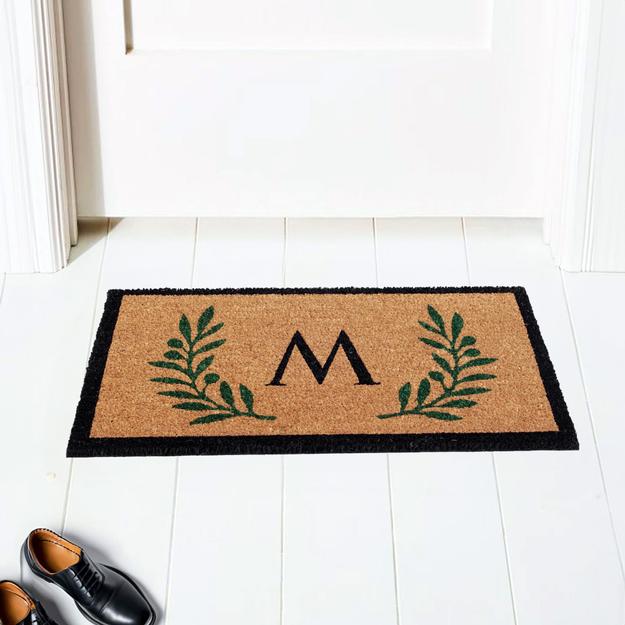 Custom Monogram Coir Doormat with Green Leaf Border Design