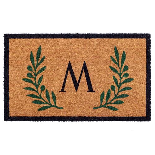 Custom Monogram Coir Doormat with Green Leaf Border Design