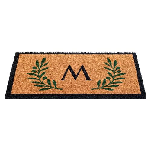 Custom Monogram Coir Doormat with Green Leaf Border Design