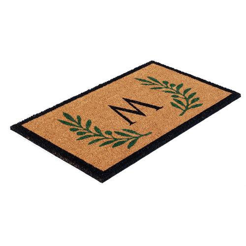 Custom Monogram Coir Doormat with Green Leaf Border Design