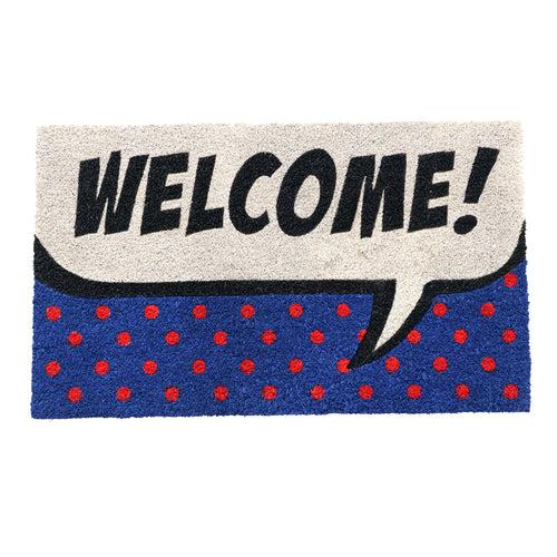 OnlyMat Welcome with Polka Dots Pop Art Fun Design Printed Blue and Red Natural Coir Door Mat