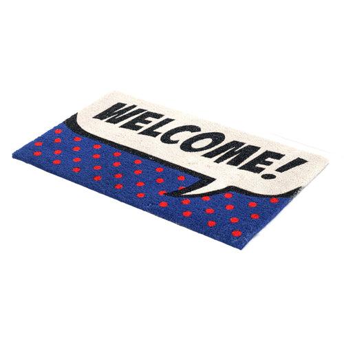 OnlyMat Welcome with Polka Dots Pop Art Fun Design Printed Blue and Red Natural Coir Door Mat