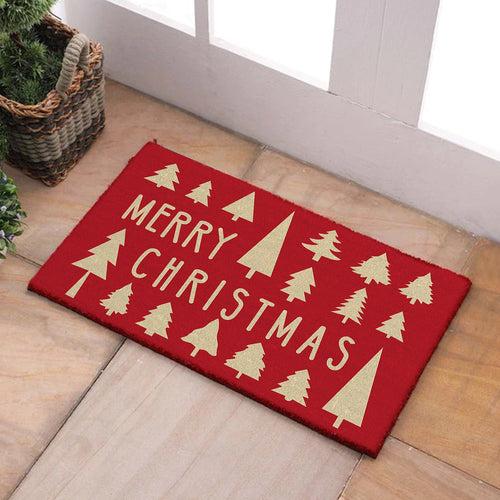 OnlyMat Merry Christmas with Golden Tree Printed Red Natural Coir Door Mat