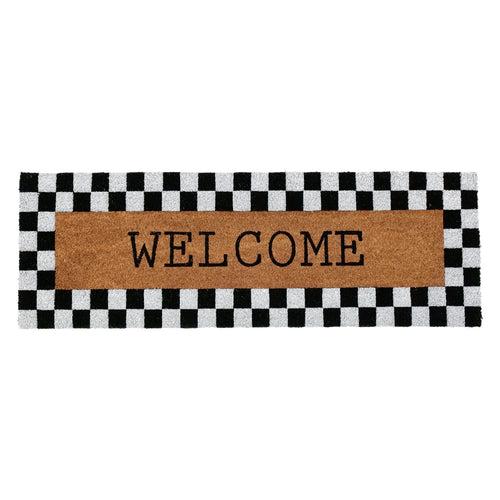 OnlyMat Plaid Border Black & White Pattern Welcome Natural Coir Doormat (120cm x 40 cm)