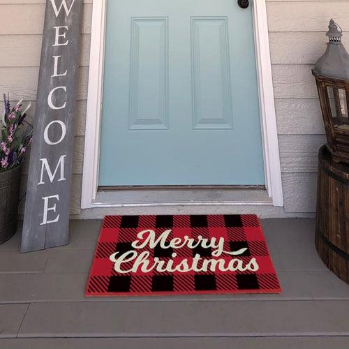 OnlyMat Red Plaids Christmas Theme Printed Natural Coir Door Mat