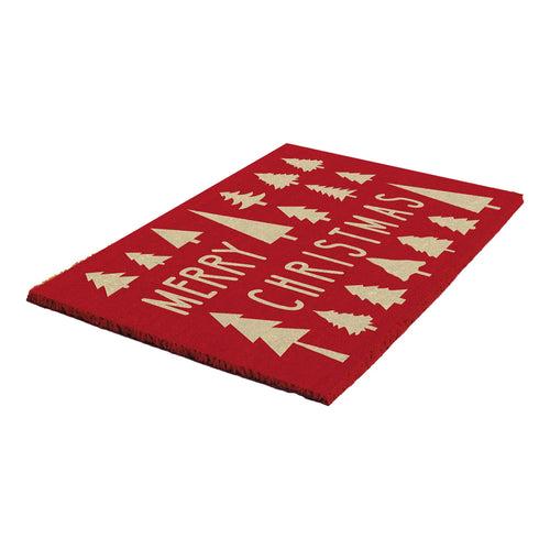 OnlyMat Merry Christmas with Golden Tree Printed Red Natural Coir Door Mat