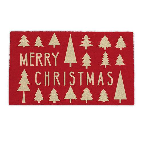 OnlyMat Merry Christmas with Golden Tree Printed Red Natural Coir Door Mat
