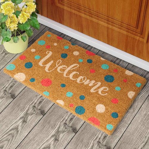 OnlyMat Retro Polka Dot Welcome Printed Natural Coir Entrance Door Mat