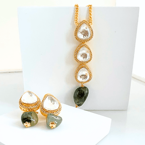 Contemporary Green Kundan Pendant and Earrings Set