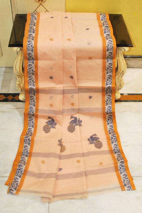 Sil Nakshi Border Bengal Handloom Cotton Bomkai Saree in in Warm Beige, Mustard and Black