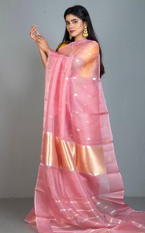 Designer Handloom Kora Silk Banarasi Saree in Pastel Pink with Silver and Gold Zari Nakshi Work