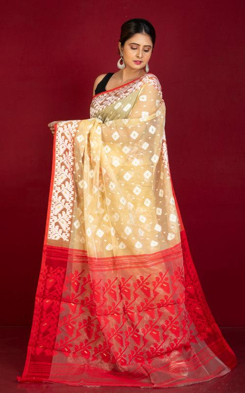 Traditional Cotton Muslin Soft Jamdani Saree in Beige, Off White, Red and Gold