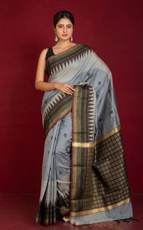 Dual Tone Dupion Raw Silk Saree in Grey, Brown, Rama Green and Black with Rich Pallu