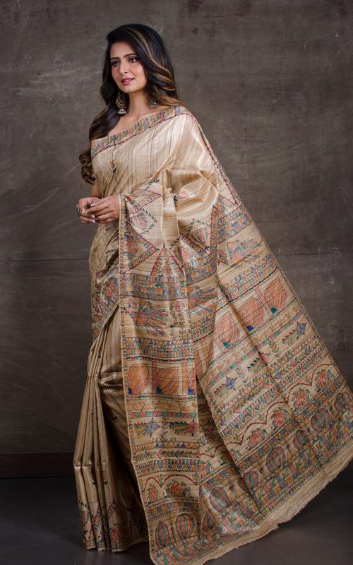 Hand Paint Madhubani on Natural Gicha Tussar Silk Saree