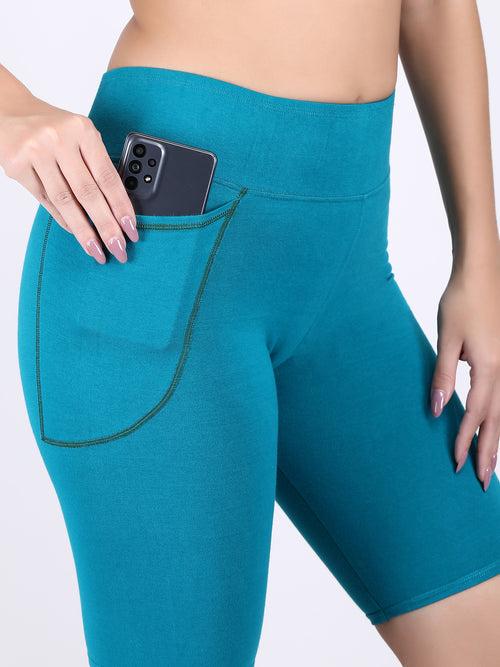 Adorna Shapparel Cycling Shorts for women with Tummy & Thigh Shaping and Sporty Wide Belt - Teal Green