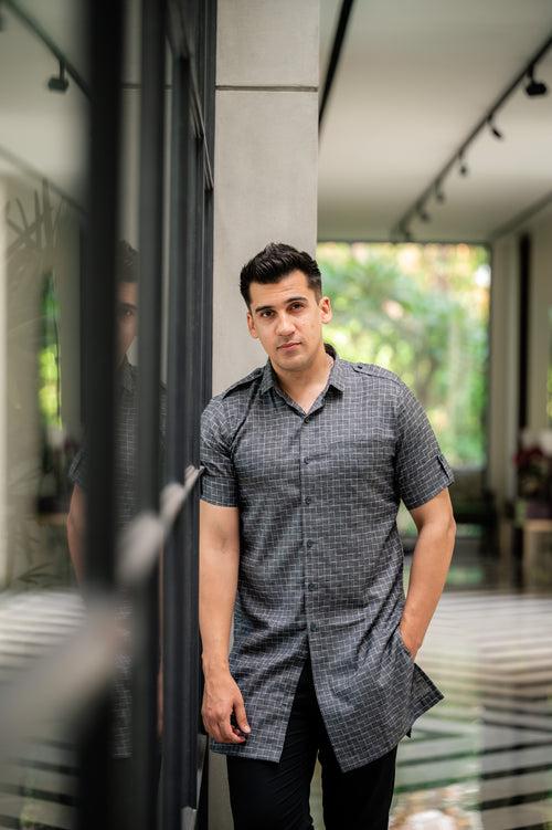 Grey Check Patterned Half Sleeves Kurta