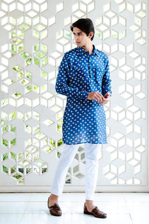 Blue Chanderi Pathani Kurta