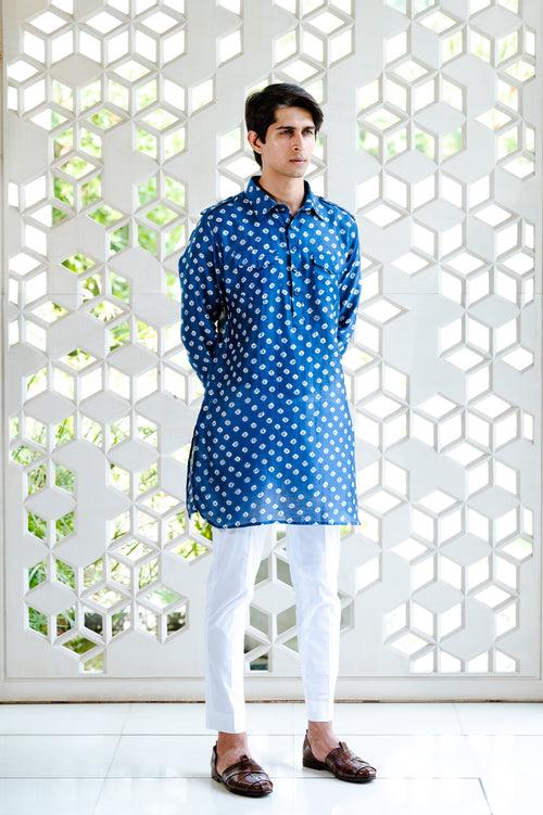 Blue Chanderi Pathani Kurta