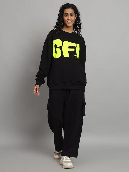 Griffel Women Oversized GFL Print Fit Basic Round Neck 100% Cotton Fleece Black Tracksuit