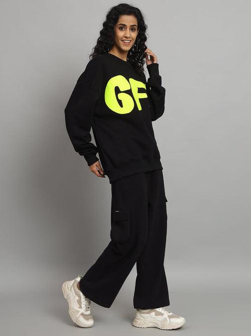 Griffel Women Oversized GFL Print Fit Basic Round Neck 100% Cotton Fleece Black Tracksuit