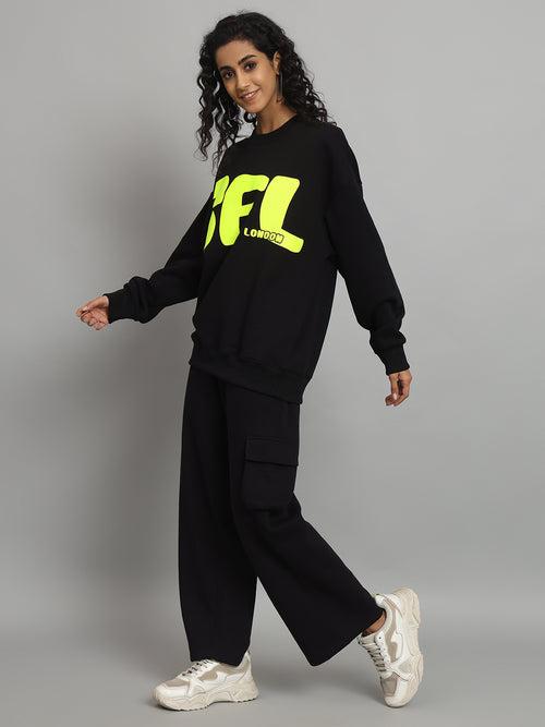 Griffel Women Oversized GFL Print Fit Basic Round Neck 100% Cotton Fleece Black Tracksuit