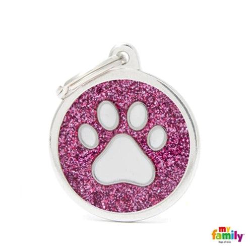 Glitter Pink Big Circle White Paw Dog Name ID Tag