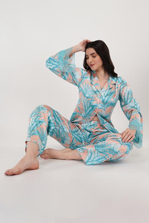 HAWAII | Aqua Floral Loungewear Set with Lace