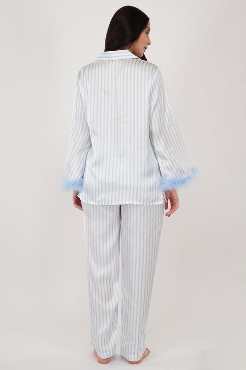 Sky | Sky-blue & White Stripes Loungewear Set with Fur