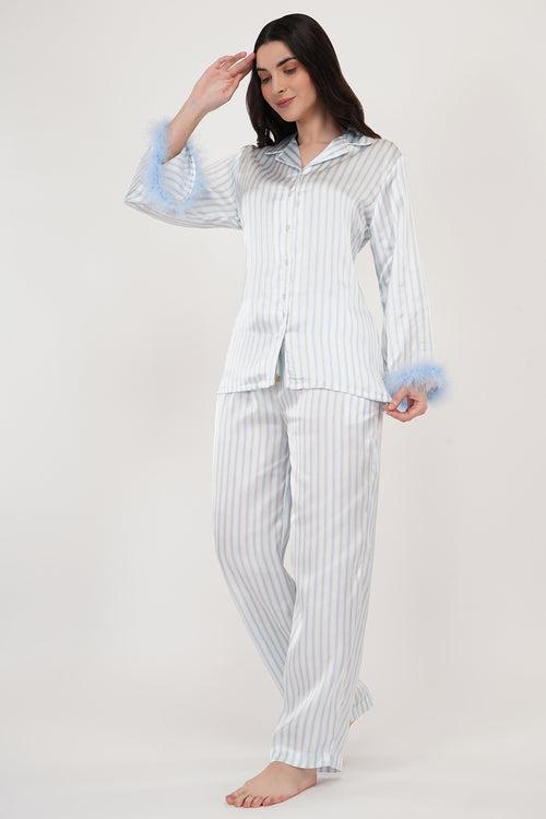 Sky | Sky-blue & White Stripes Loungewear Set with Fur