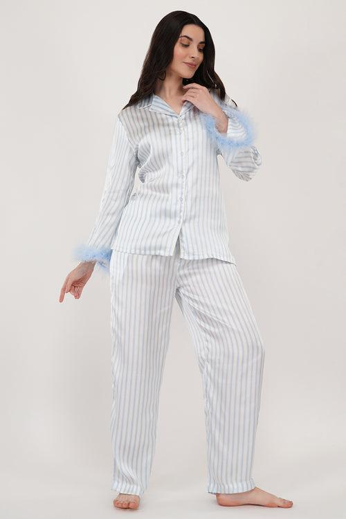 Sky | Sky-blue & White Stripes Loungewear Set with Fur