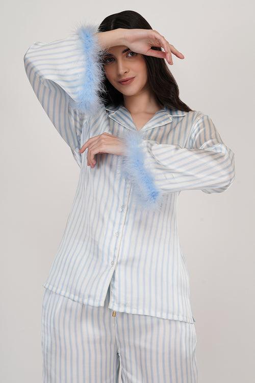 Sky | Sky-blue & White Stripes Loungewear Set with Fur