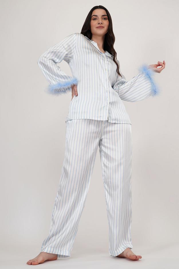 Sky | Sky-blue & White Stripes Loungewear Set with Fur