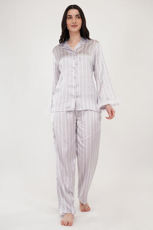 Lavender Bliss | Lavender Satin Loungewear Set with Fur