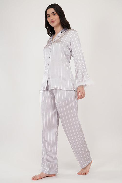 Lavender Bliss | Lavender Satin Loungewear Set with Fur