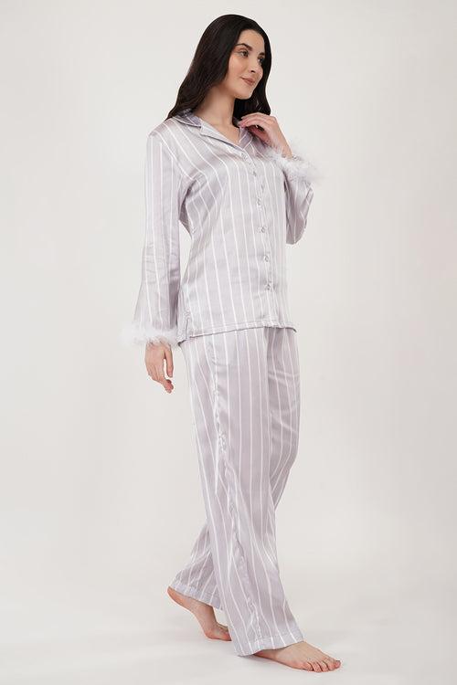 Lavender Bliss | Lavender Satin Loungewear Set with Fur