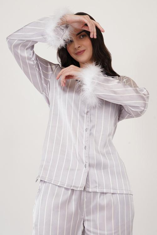 Lavender Bliss | Lavender Satin Loungewear Set with Fur